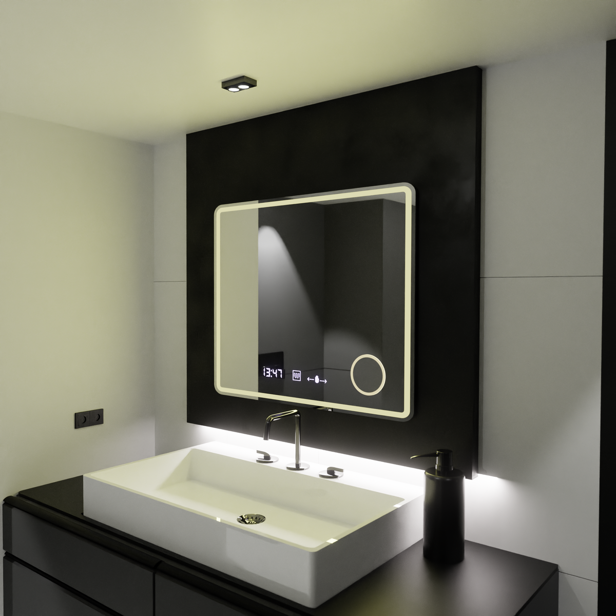 Oglinda LED Rectangulara, 80x60cm, Riflesso MotionGlow Marcello, Sistem Dezaburire, Ceas & Termometru, Lupa Cosmetica, Dimabila