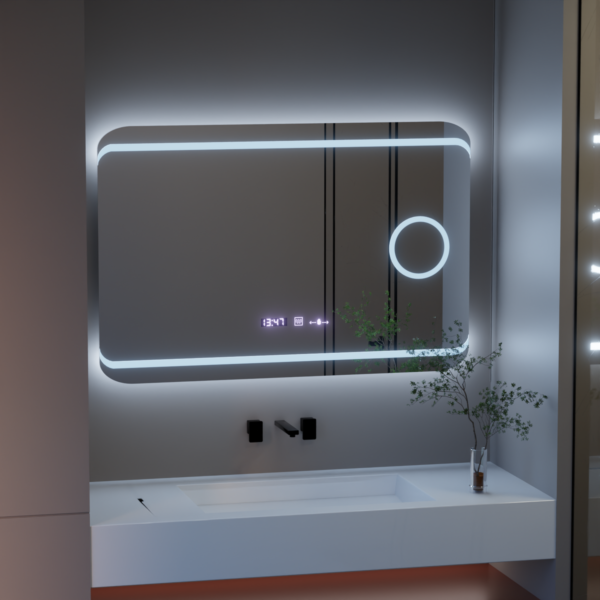 Oglinda LED Rectangulara, 100x60cm, Definition MotionGlow Marcello, Sistem Dezaburire, Ceas & Termometru, Lupa Cosmetica, Dimabila
