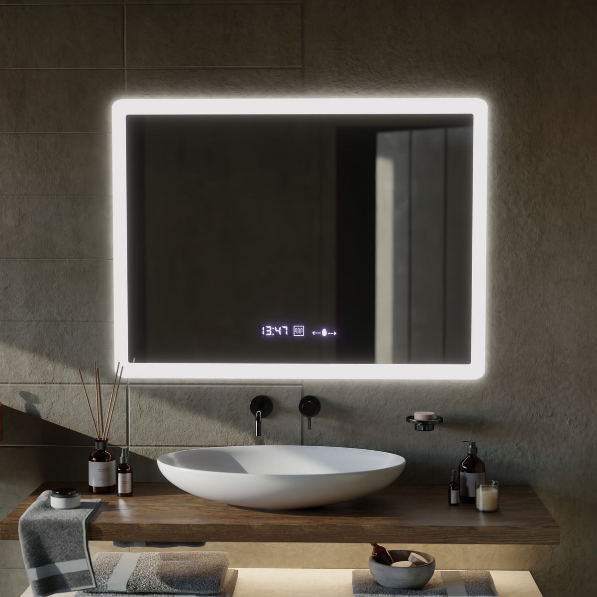 Oglinda LED Rectangulara, 80x60cm, ELANCEE Senzor MotionGlow Marcello, Sistem Dezaburire, Ceas & Termometru, Dimabila
