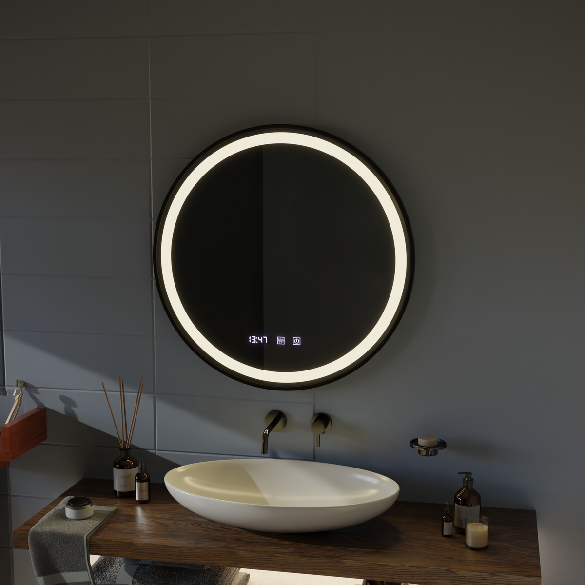 Oglinda LED Touch NOVARA Sistem Dezaburire, Ceas si Temperatura 60 cm Rama Negru Brushed