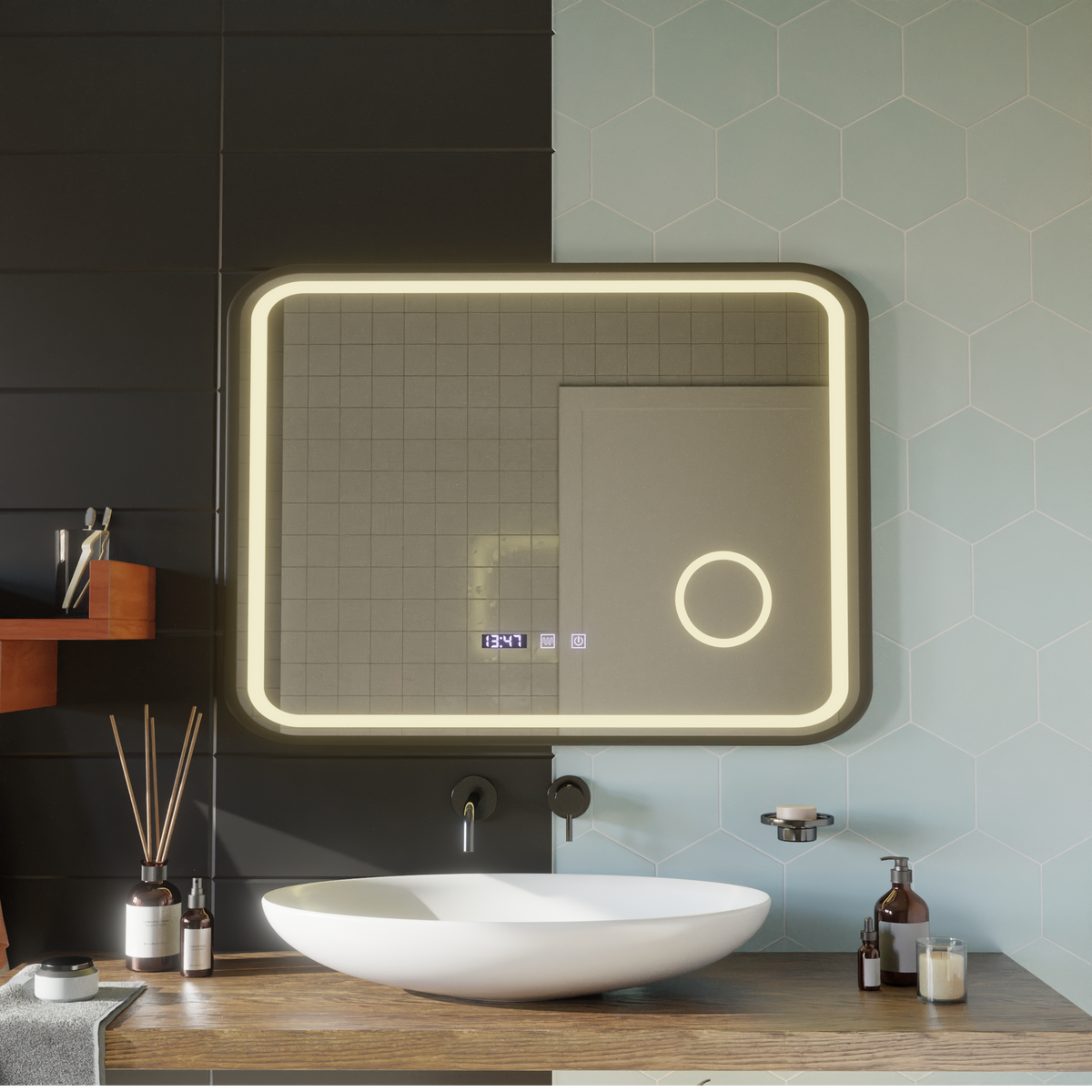 Oglinda LED Touch Bernd Sistem Dezaburire, Ceas si Temperatura 80x60 cm Rama Negru Brushed Lupa Cosmetica