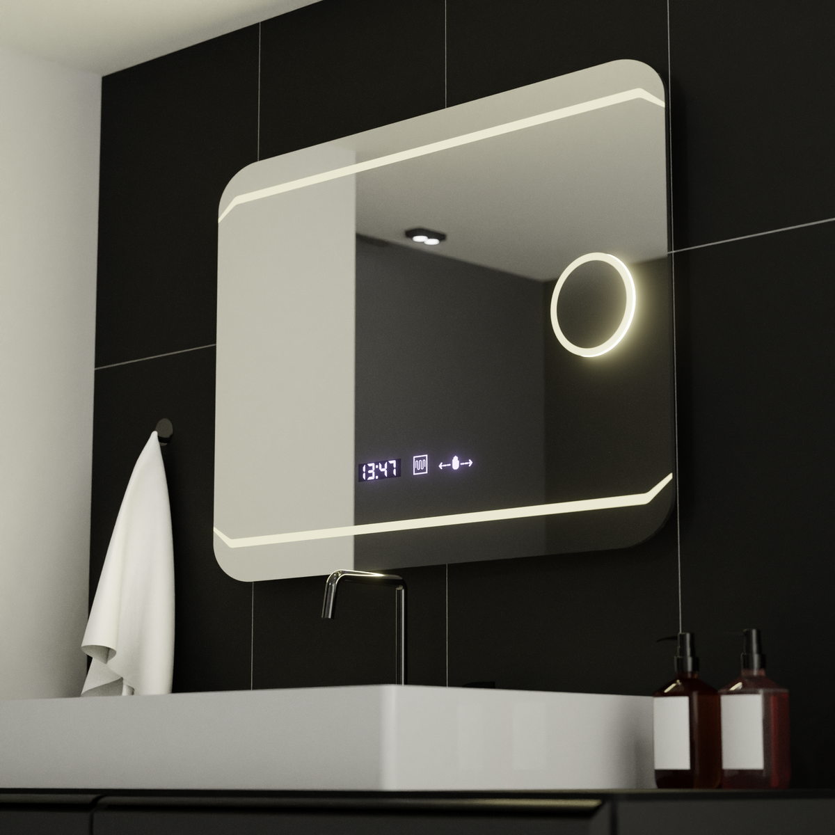 Oglinda LED Rectangulara, 80x60cm, Stile MotionGlow Marcello, Sistem Dezaburire, Ceas & Termometru, Lupa Cosmetica, Dimabila