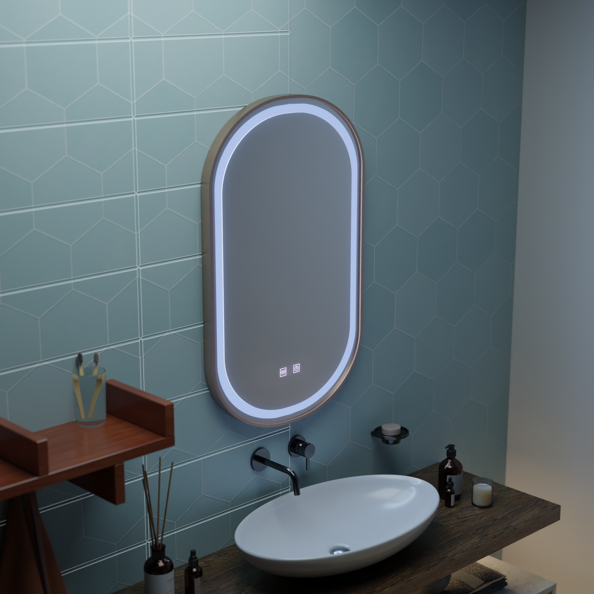 Oglinda LED Touch Impora Sistem Dezaburire 50x80 cm Rama Rose Gold