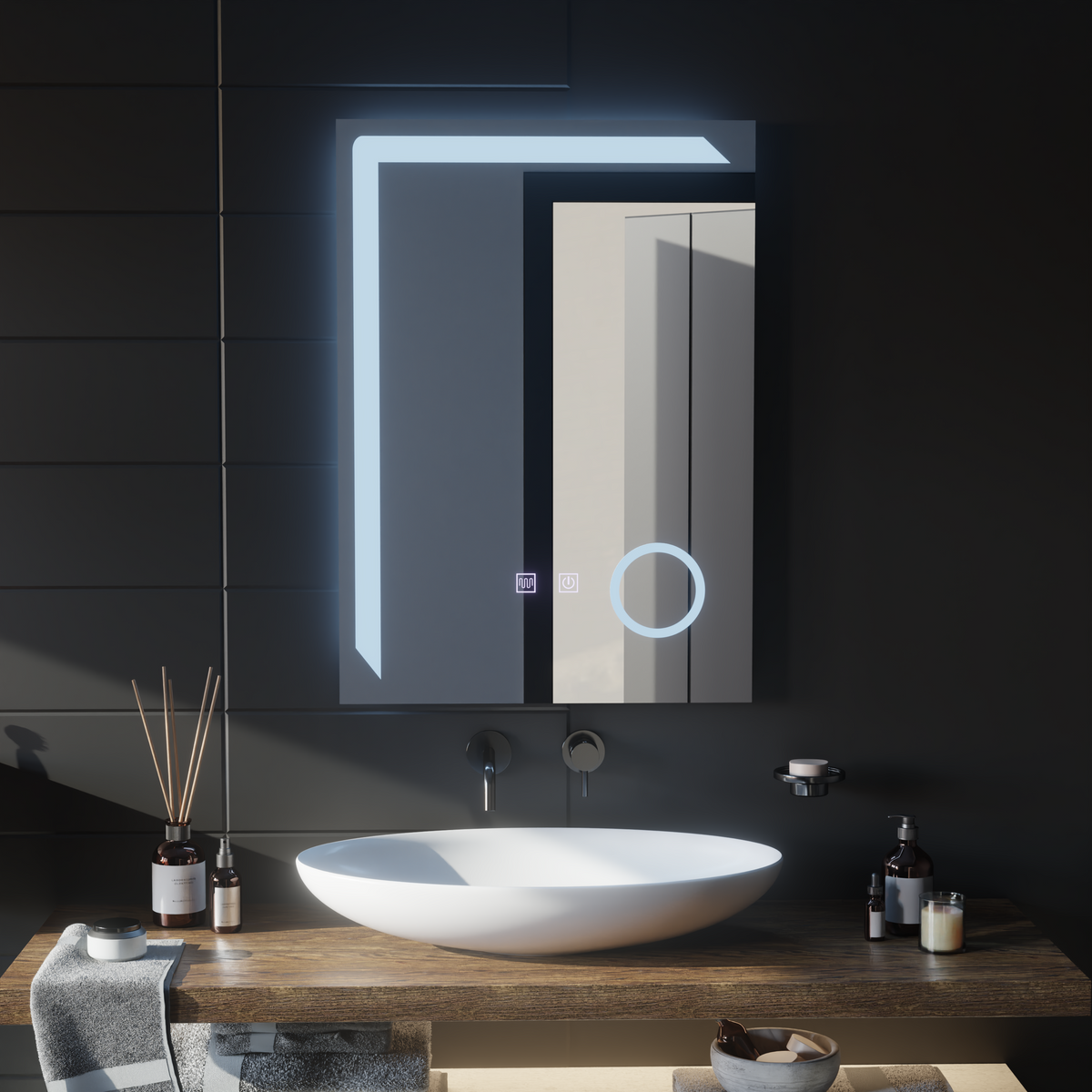 Oglinda LED Rectangulara, 50x70cm, Linea Touch, Sistem Dezaburire, Dimabila