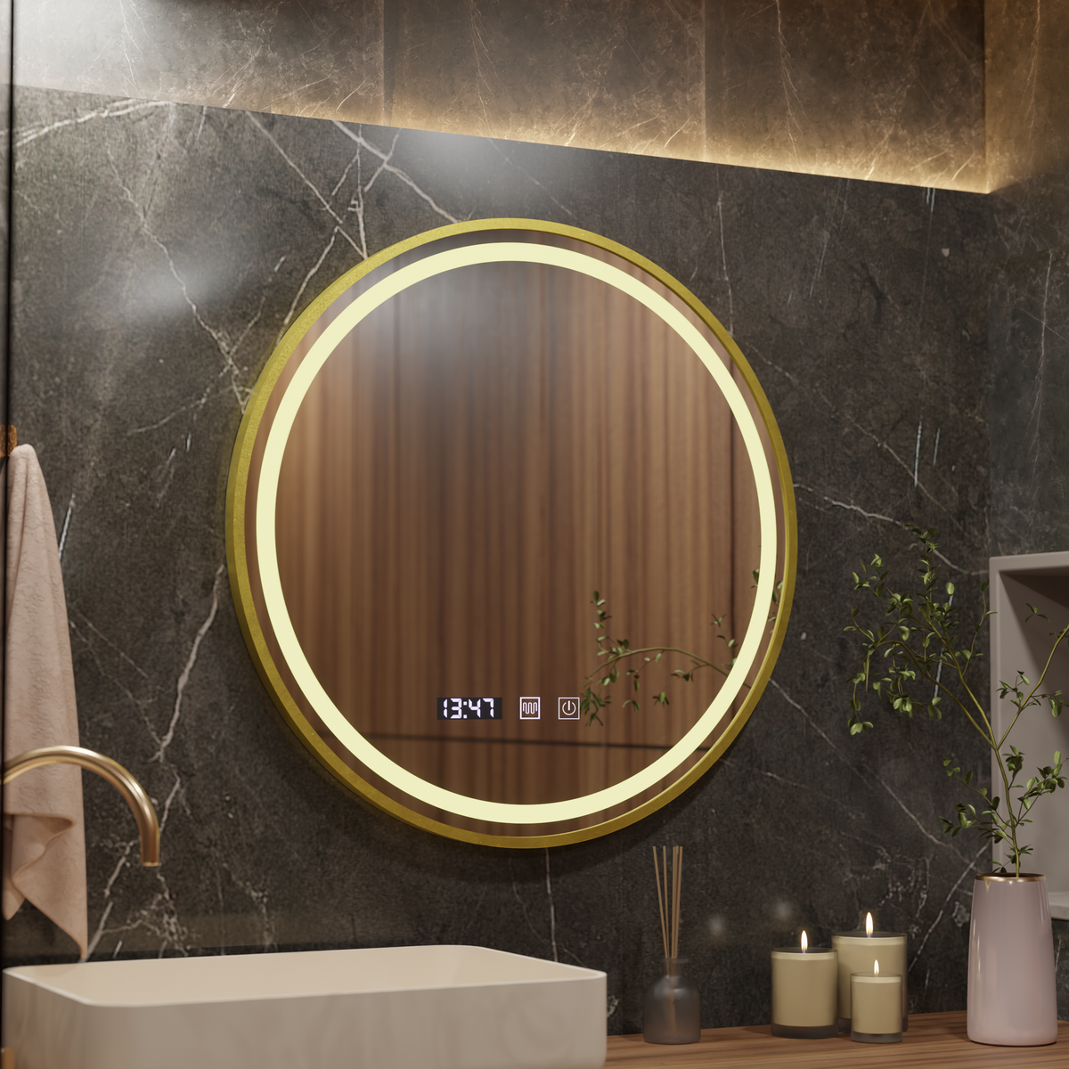 Oglinda LED Touch LUSSO Sistem Dezaburire, Ceas si Temperatura, 70 cm, rama Auriu Brushed, imaginea 5
