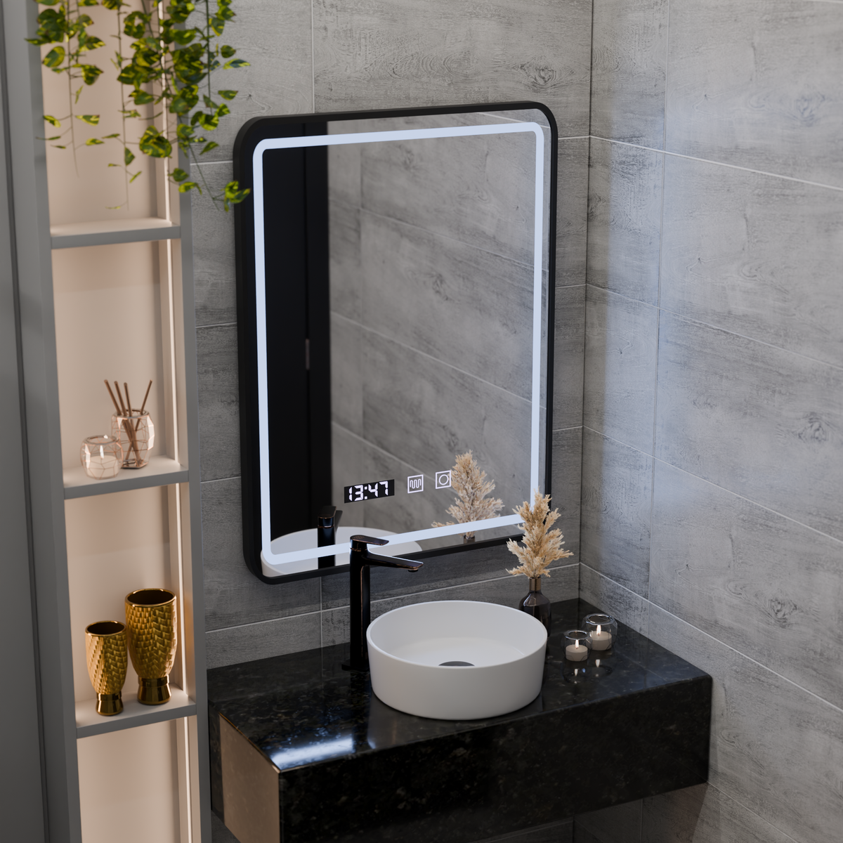 LUCIDA LED Touch Mirror Defogger System, Clock and Temperature 50x70 cm Brushed Black Frame, imaginea 6