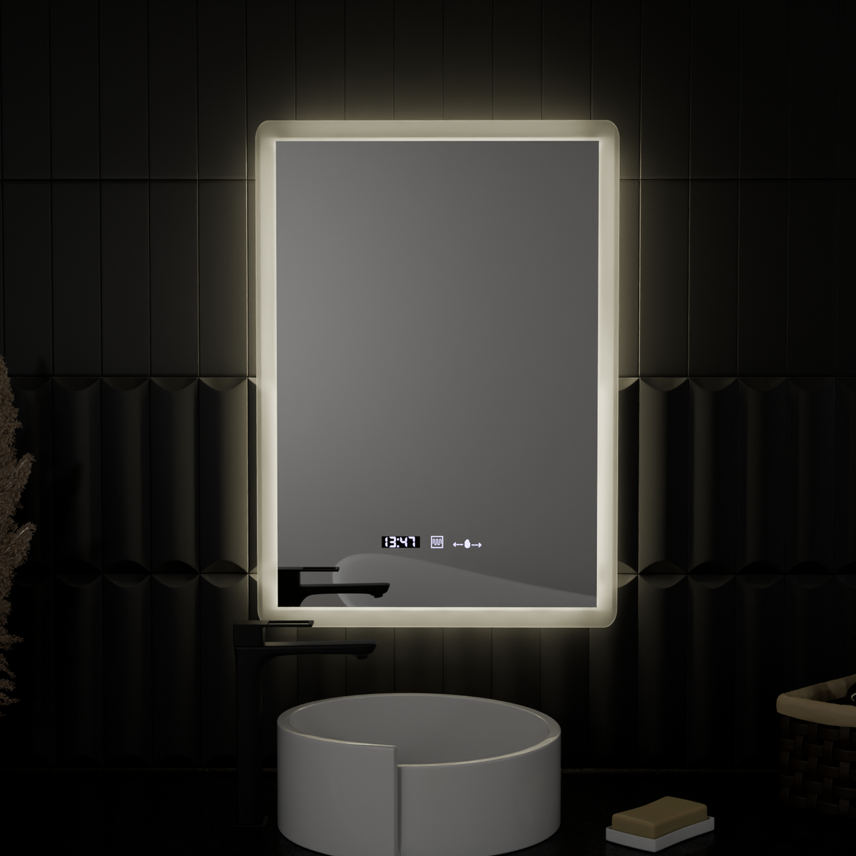 Oglinda LED Rectangulara, 50x70cm, ELANCEE Senzor MotionGlow Marcello, Sistem Dezaburire, Ceas & Termometru, Dimabila
