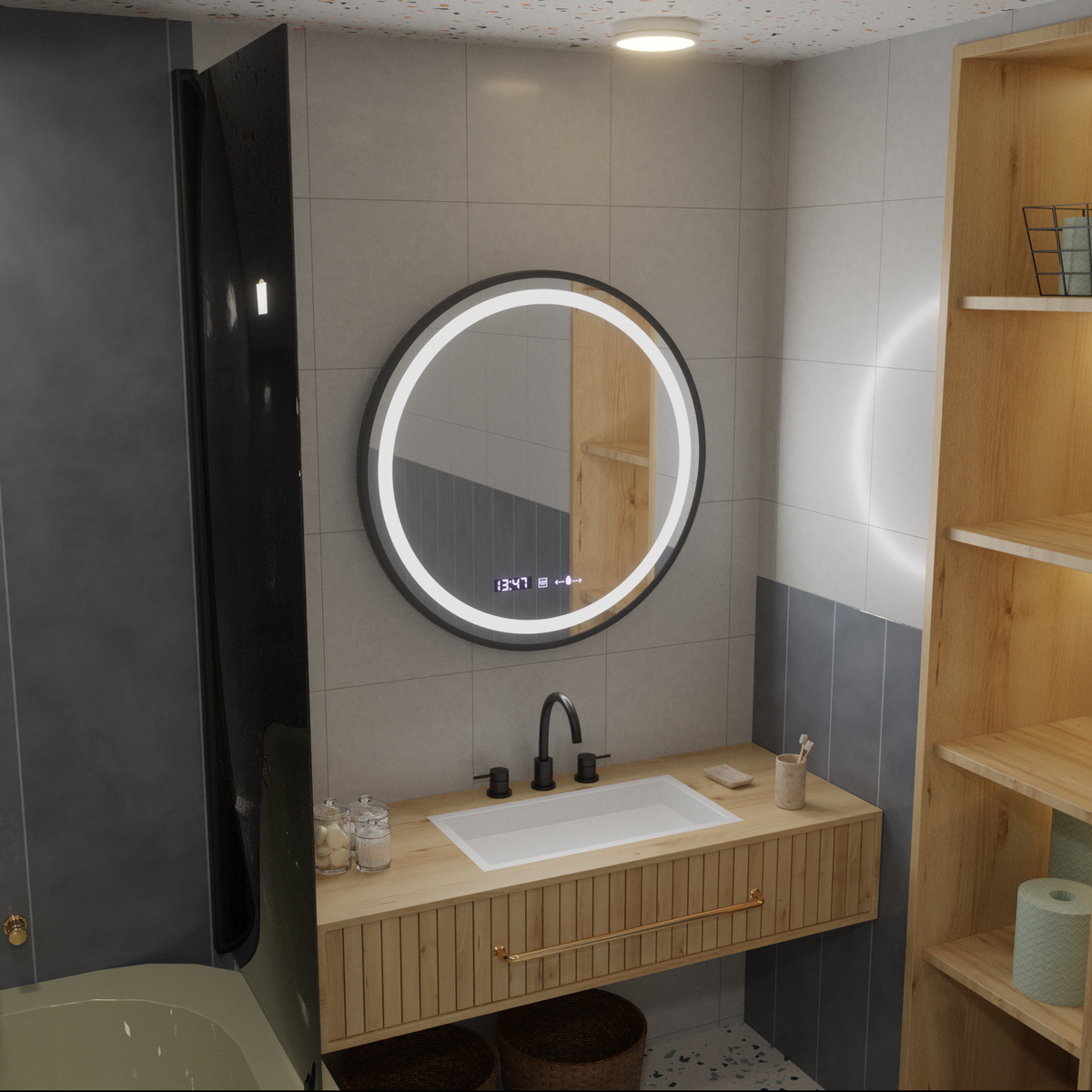 Oglinda LED Rotunda, 60cm, Celeste Majesté Noir MotionGlow Marcello, Sistem Dezaburire, Ceas & Termometru, Dimabila