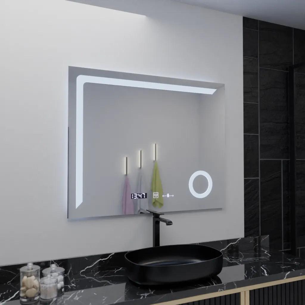 Oglinda LED Rectangulara, 100x80cm, Precision MotionGlow Marcello, Sistem Dezaburire, Ceas & Termometru, Lupa Cosmetica, Dimabila