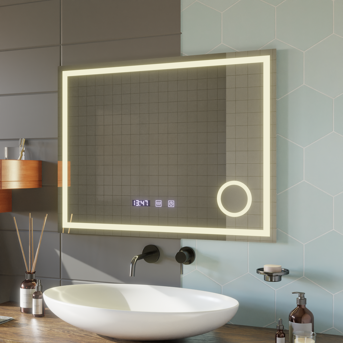 Oglinda LED Touch NIVERA Sistem Dezaburire, Ceas si Temperatura 80x60 cm Lupa Cosmetica, imaginea 3