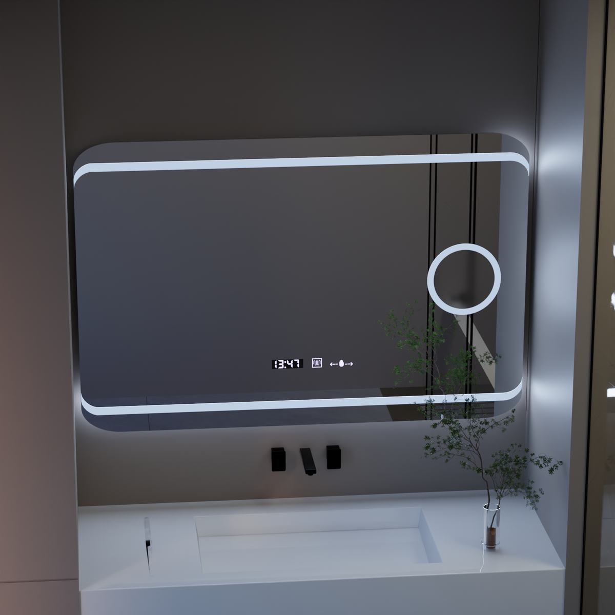 Oglinda LED Rectangulara, 120x80cm, Definition MotionGlow Marcello, Sistem Dezaburire, Ceas & Termometru, Lupa Cosmetica, Dimabila