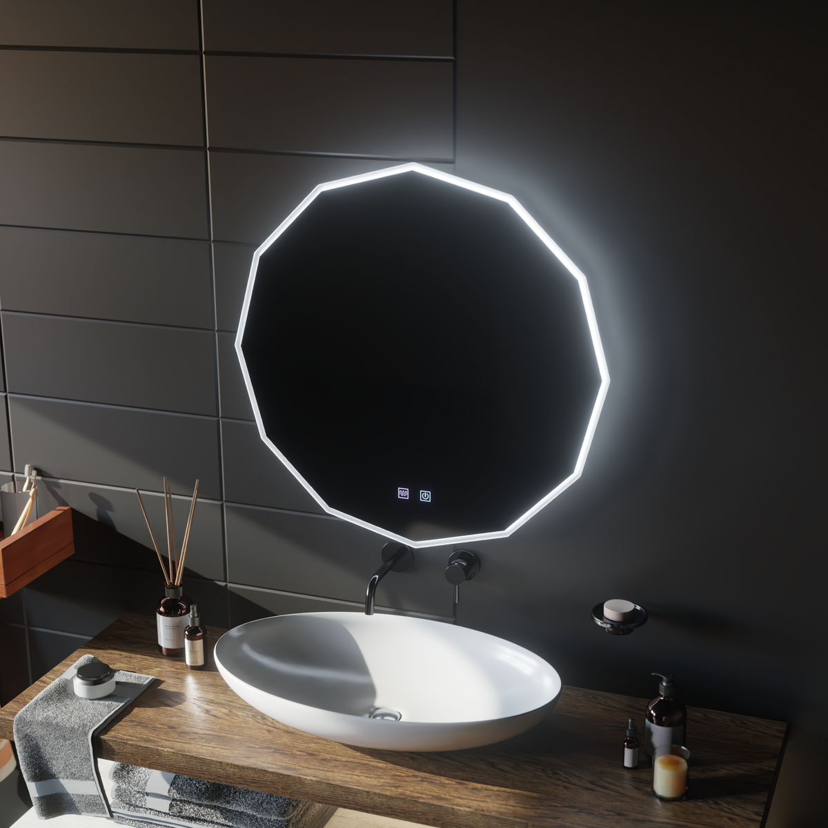 Oglinda LED Rotunda, 60cm, VIVO Touch, Sistem Dezaburire, Dimabila