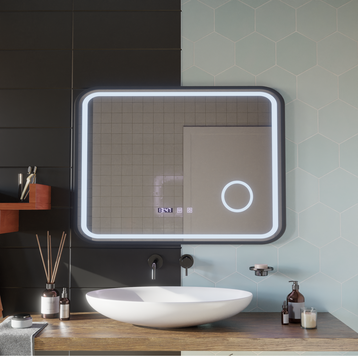 Oglinda LED Touch Bernd Sistem Dezaburire, Ceas si Temperatura 80x60 cm Rama Negru Brushed Lupa Cosmetica