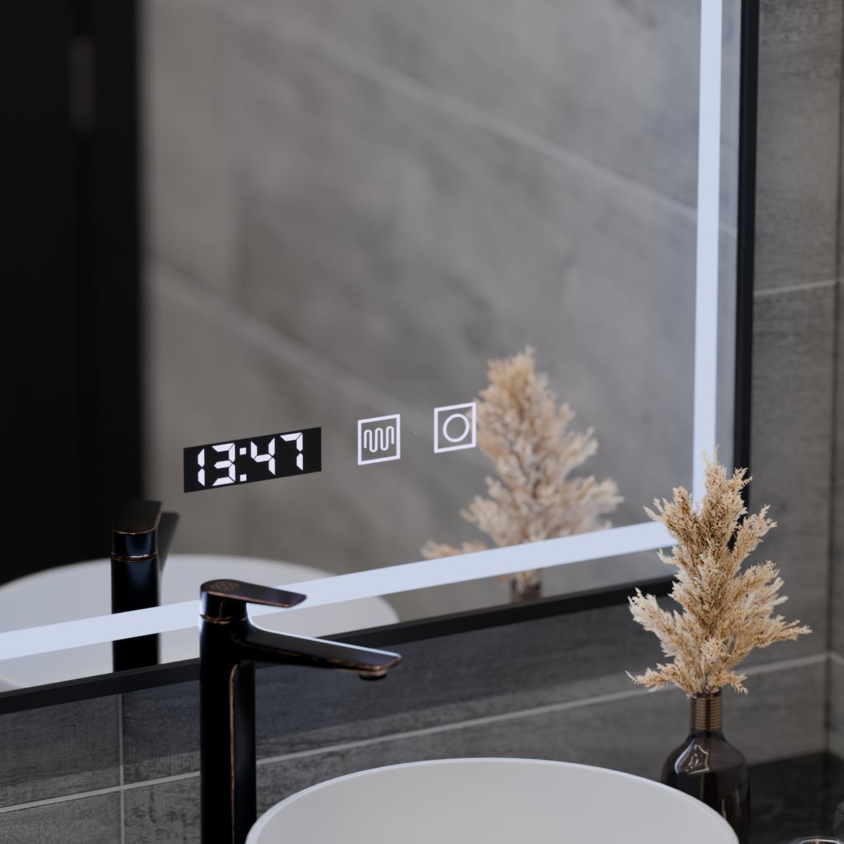 Oglinda LED Touch LUCIDA Sistem Dezaburire, Ceas si Temperatura 50x70 cm Rama Negru Brushed, imaginea 2