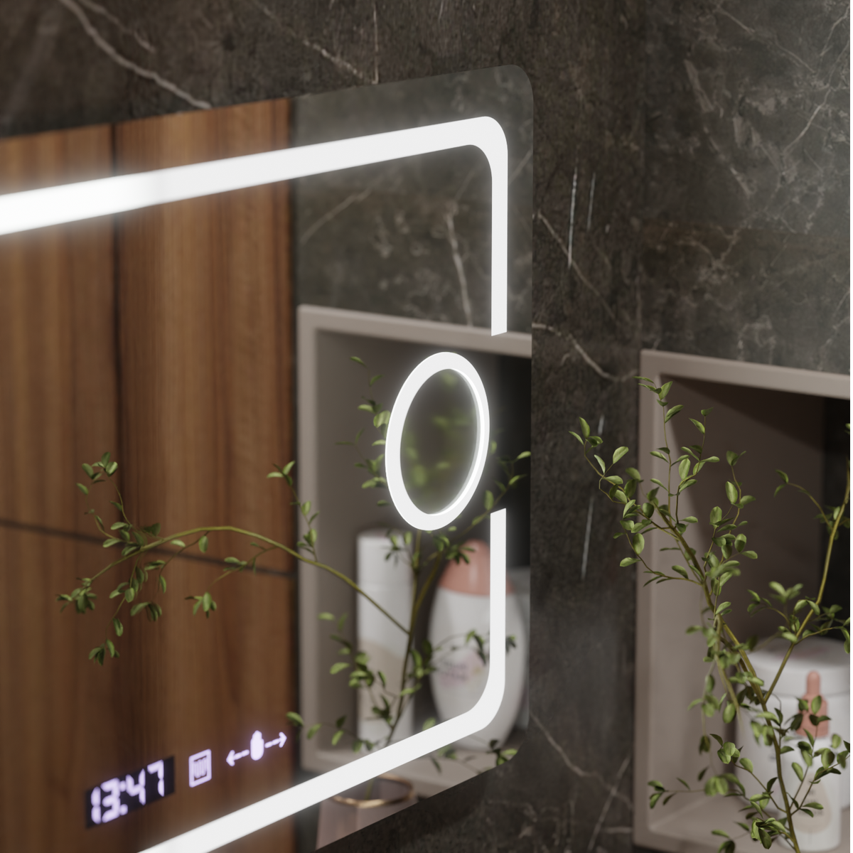 Oglinda LED Rectangulara, 110x75cm, Eclat MotionGlow Marcello, Sistem Dezaburire, Ceas & Termometru, Lupa Cosmetica, Dimabila
