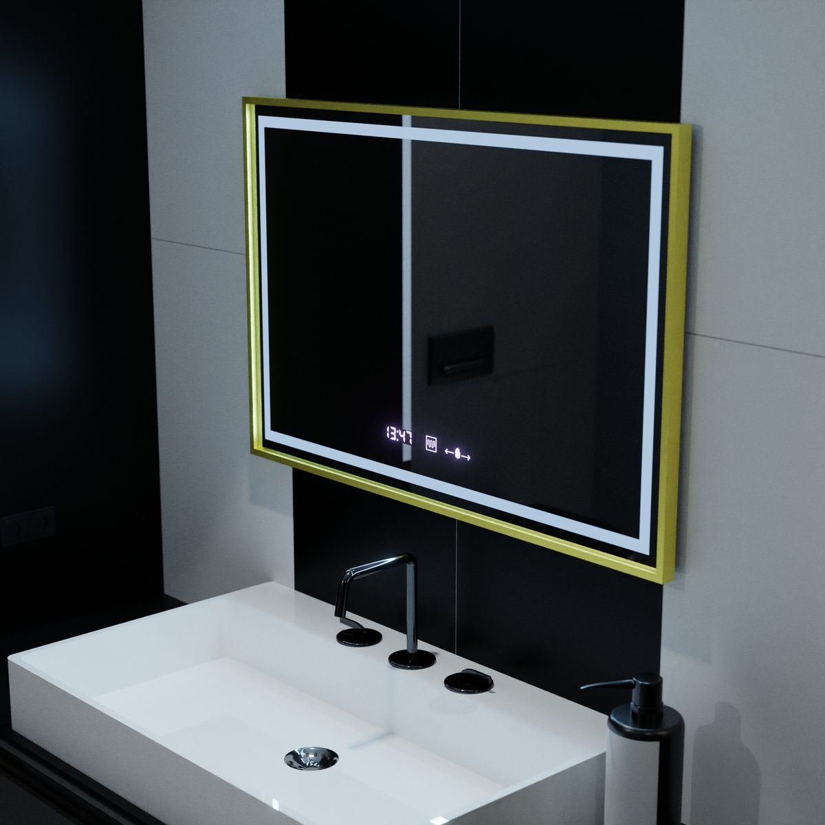 Oglinda LED Rectangulara, 120x80cm, Verite Royale Gold MotionGlow Marcello, Sistem Dezaburire, Ceas & Termometru, Dimabila