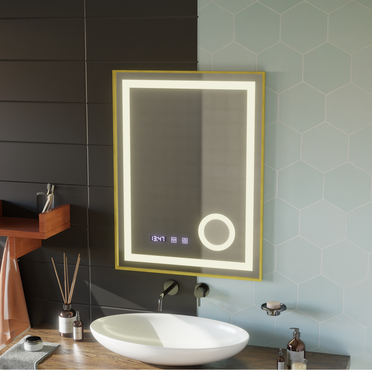 Oglinda LED Touch CLARUS Sistem Dezaburire, Ceas si Temperatura 60x80 cm Rama Auriu Brushed Lupa Cosmetica