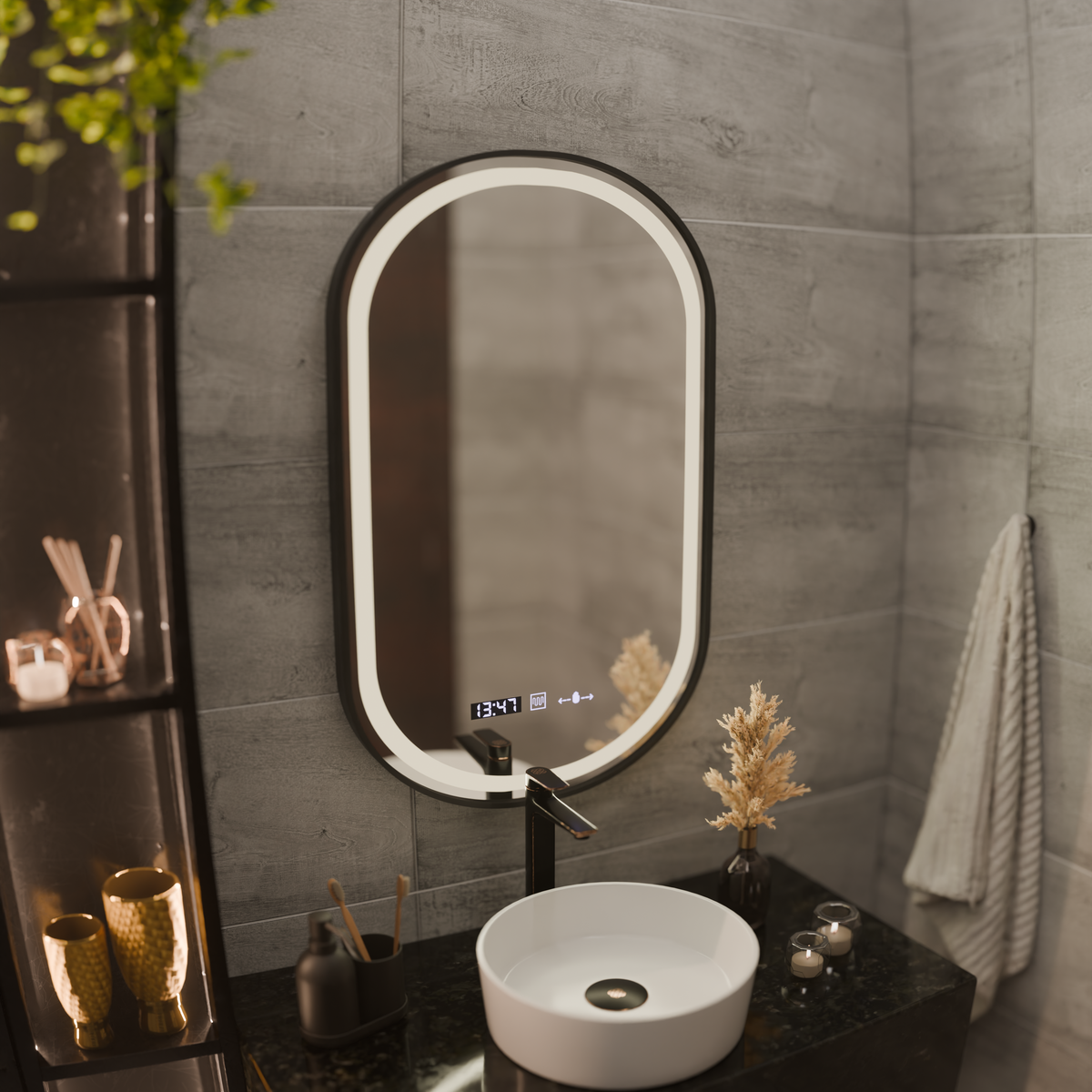 Oglinda LED Touch Helmut Sistem Dezaburire, Ceas si Temperatura 50x80 cm Rama Negru Brushed Marcello Funghi
