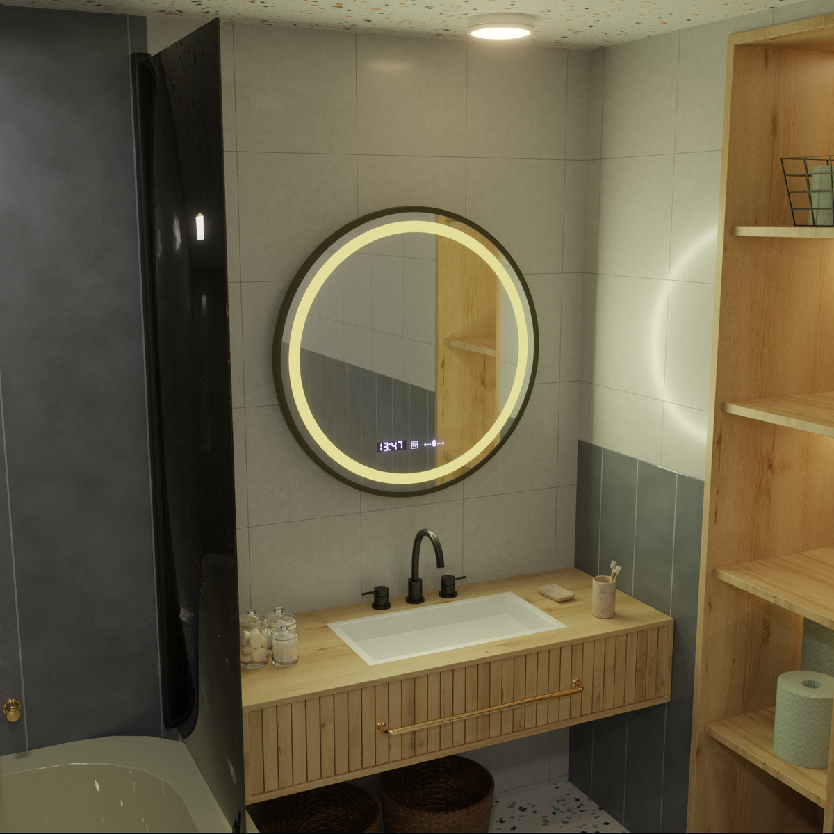 Oglinda LED Rotunda, 100cm, Celeste Majesté Noir MotionGlow Marcello, Sistem Dezaburire, Ceas & Termometru, Dimabila