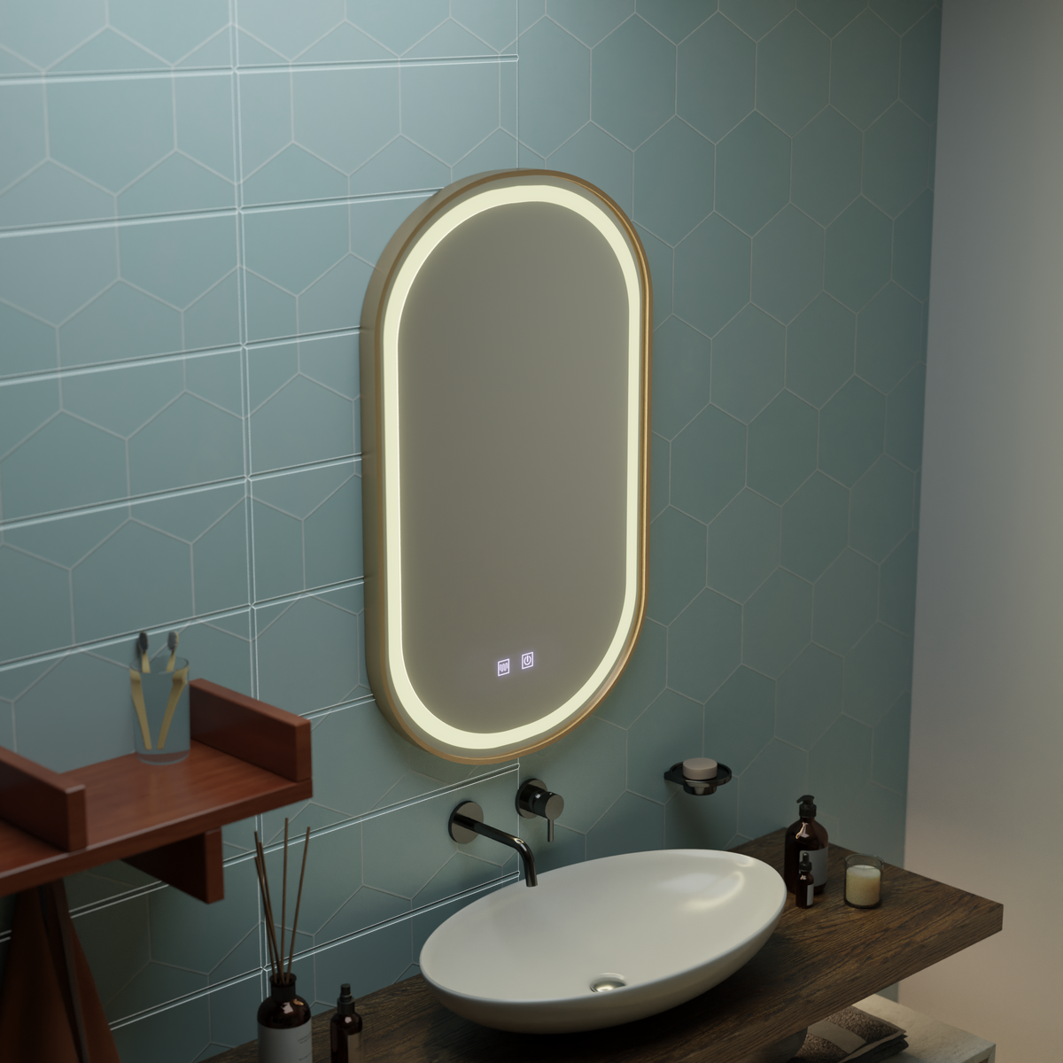 Oglinda LED Touch Impora Sistem Dezaburire 50x80 cm Rama Rose Gold