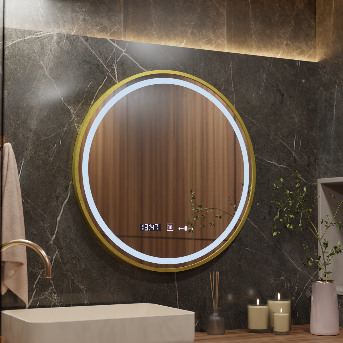 Oglinda LED Rotunda, 80cm, Celeste Royale Gold MotionGlow Marcello, Lumina Calda/ Neutra/ Rece, Sistem Dezaburire, Ceas & Termometru, Dimabila