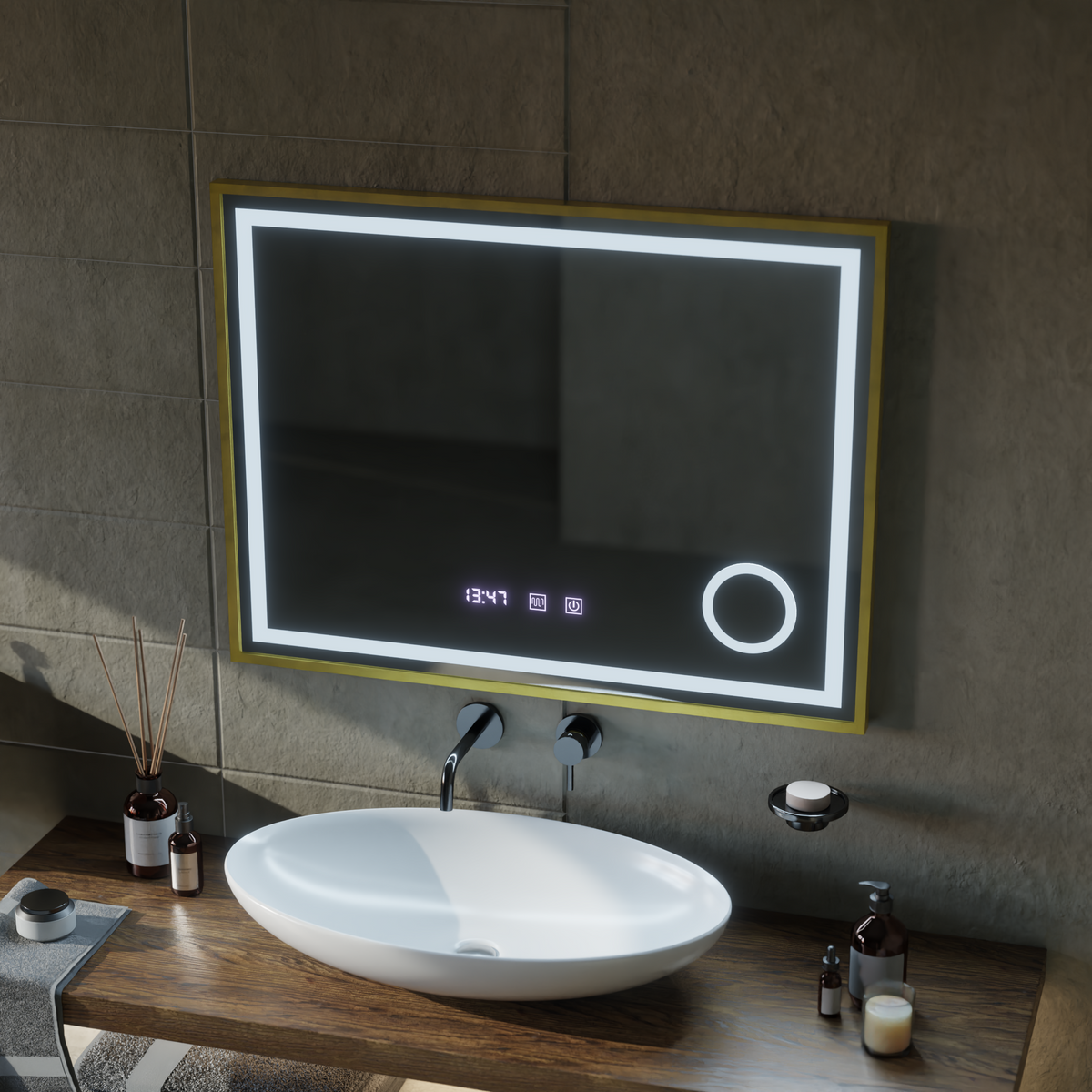 Oglinda LED Touch CLARUS Sistem Dezaburire, Ceas si Temperatura 80x60 cm Rama Auriu Brushed Lupa Cosmetica