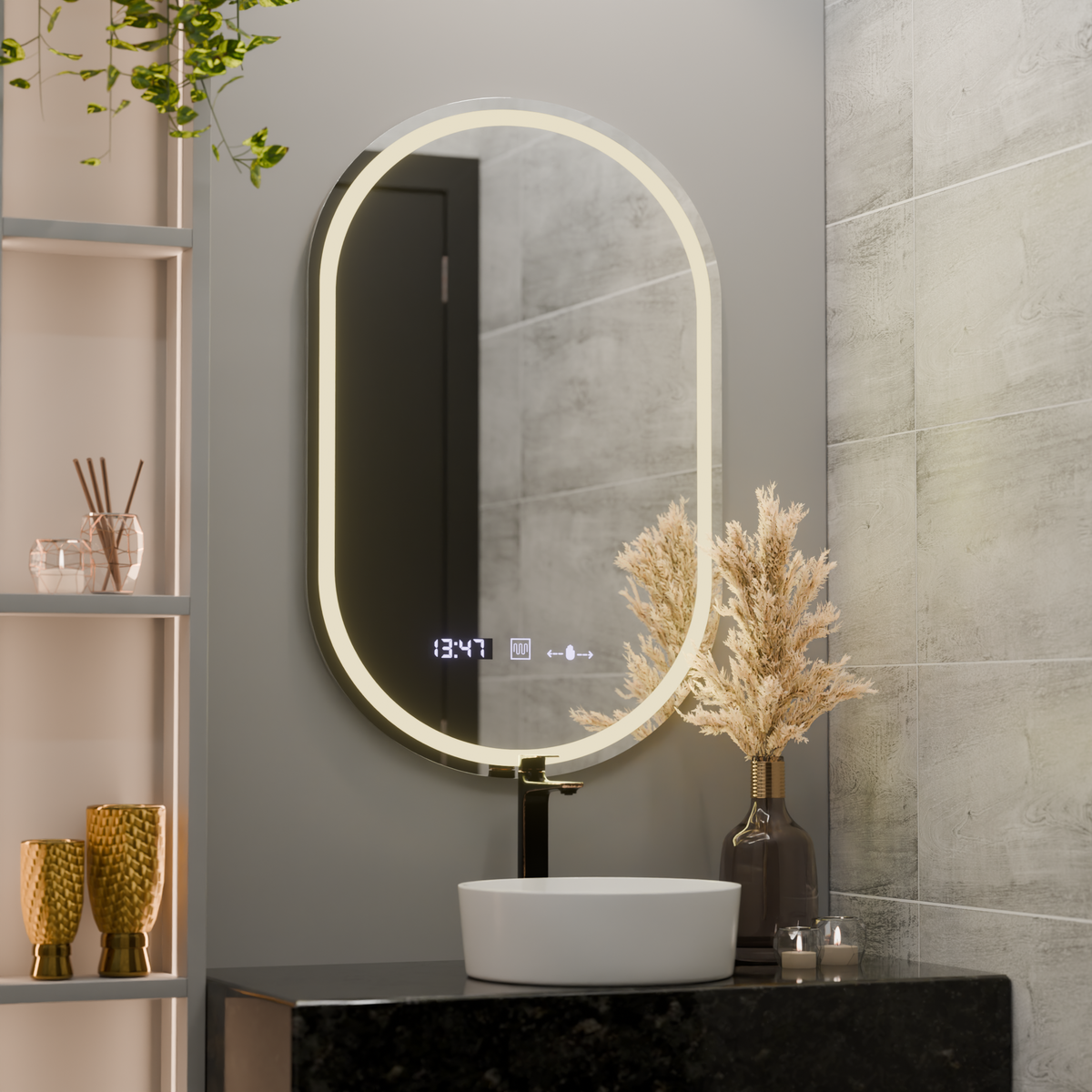 Oglinda LED Ovala, 60x80cm, Eminence MotionGlow Marcello, Sistem Dezaburire, Ceas & Termometru, Dimabila