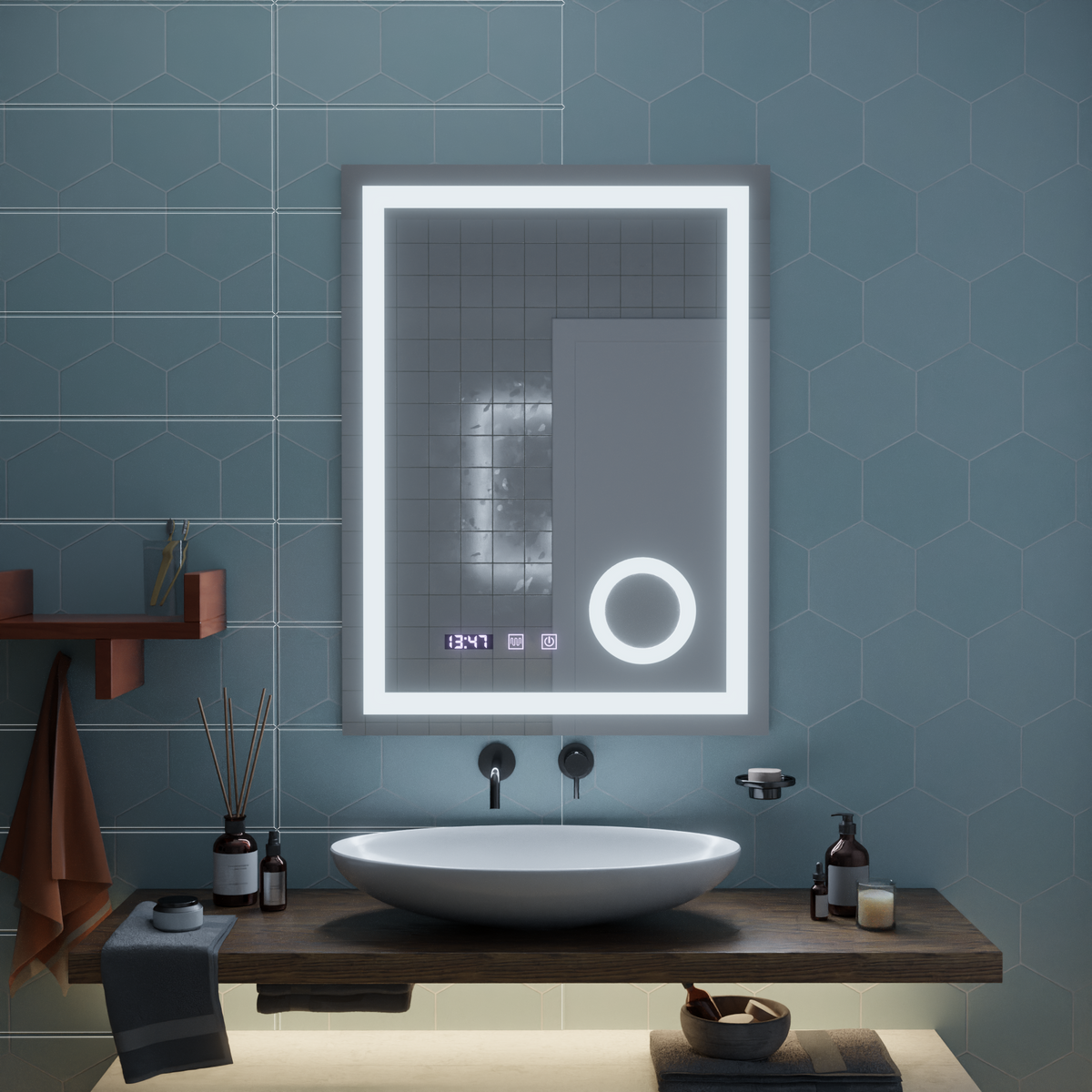 NIVERA LED Touch Mirror Defogging System, Clock and Temperature 60x80 cm Cosmetic Magnifier, imaginea 6