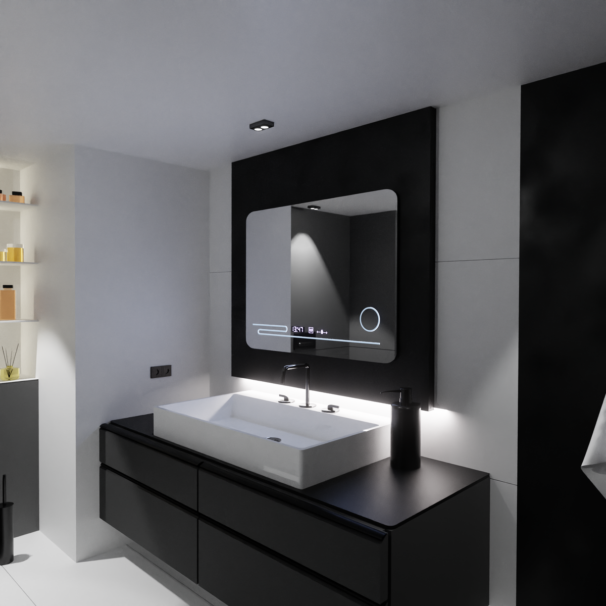 Oglinda LED Rectangulara, 80x60cm, Harmonie MotionGlow Marcello, Sistem Dezaburire, Termometru si Ceas, Lupa Cosmetica, Dimabila