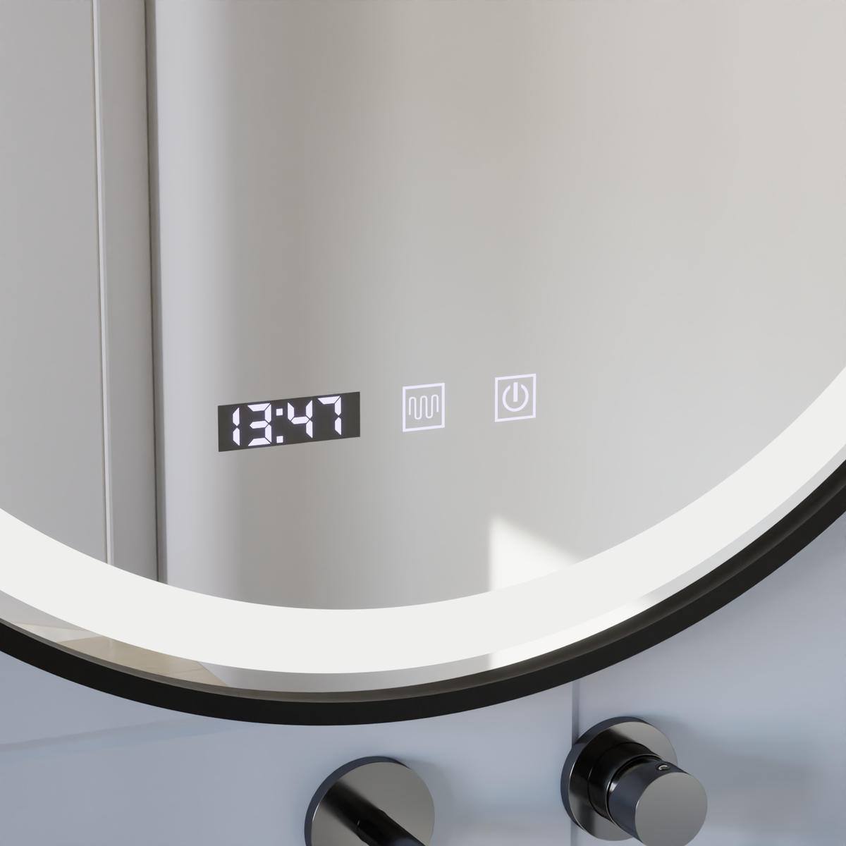 Oglinda LED Touch NOVARA Sistem Dezaburire, Ceas si Temperatura 50 cm Rama Negru Brushed, imaginea 2