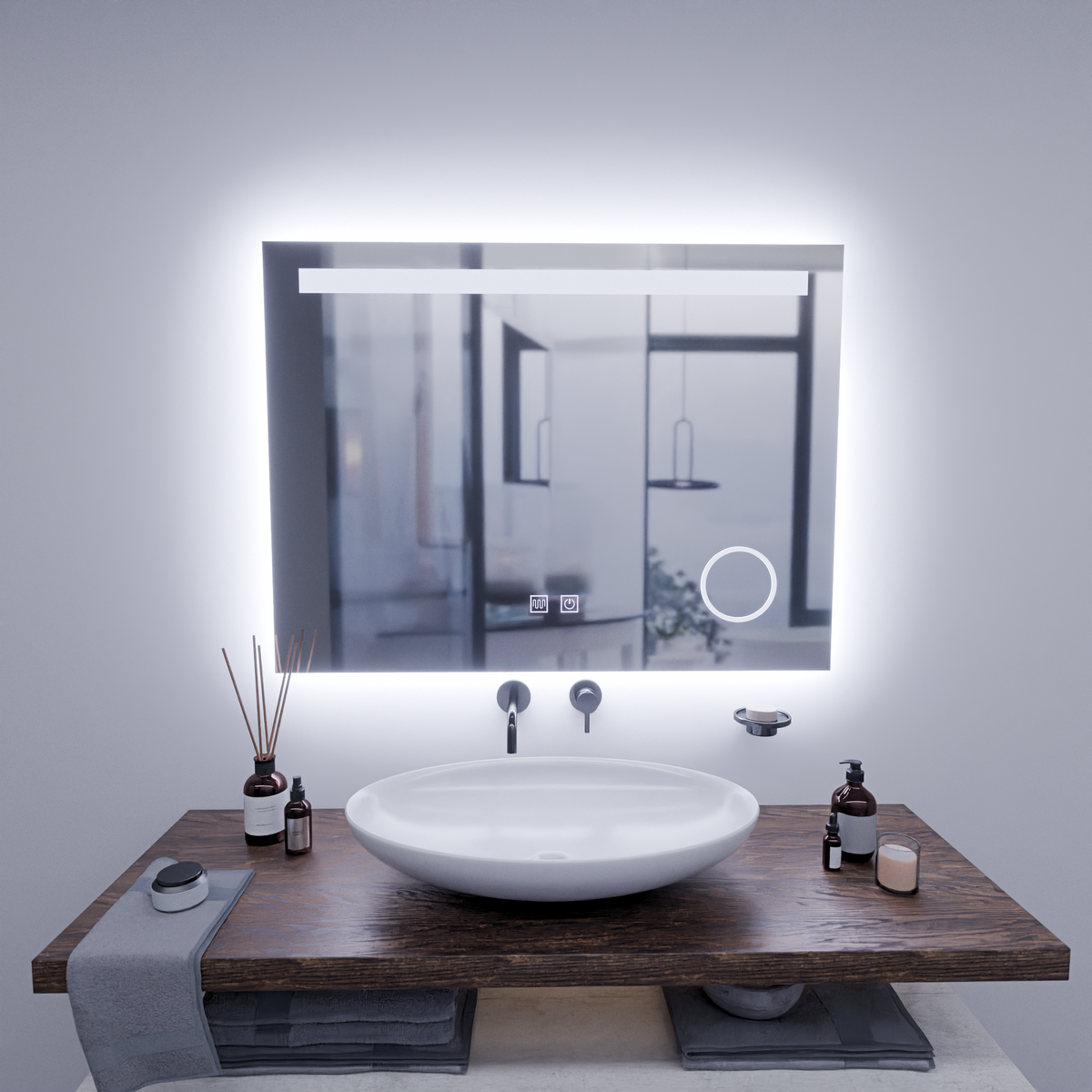 Oglinda LED Rectangulara, 80x60cm, Piano Touch, Sistem Dezaburire, Dimabila, Lumina Rece 6000K
