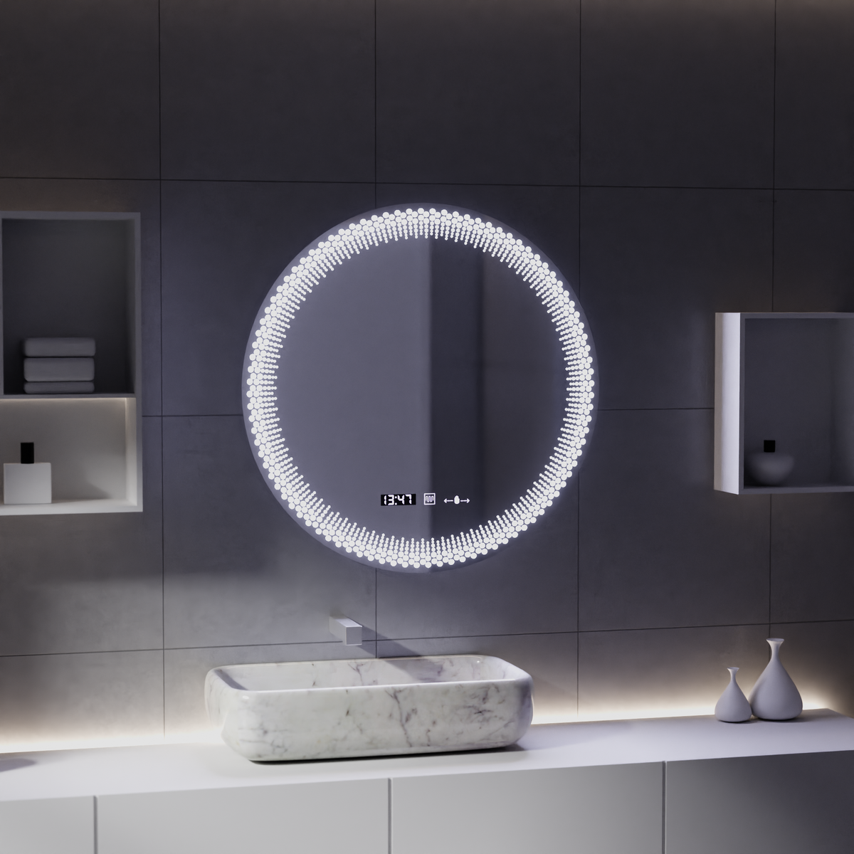 Oglinda LED Rotunda W47/60X60, 60cm, MotionGlow Marcello, Sistem Dezaburire, Ceas & Termometru, Dimabila