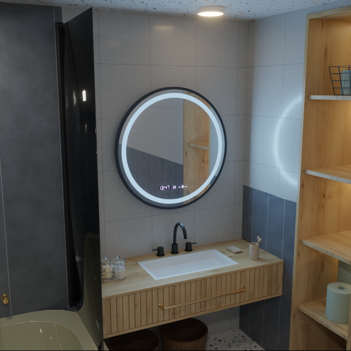 Oglinda LED Rotunda, 100cm, Celeste Majesté Noir MotionGlow Marcello, Sistem Dezaburire, Ceas & Termometru, Dimabila