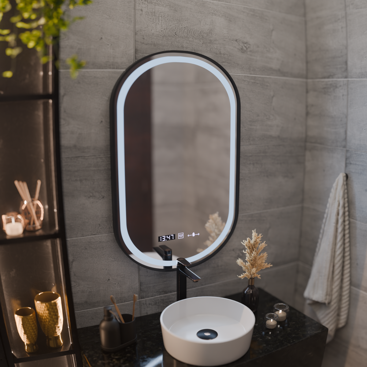 Oglinda LED Touch Helmut Sistem Dezaburire, Ceas si Temperatura 50x90 cm Rama Negru Brushed Marcello Funghi