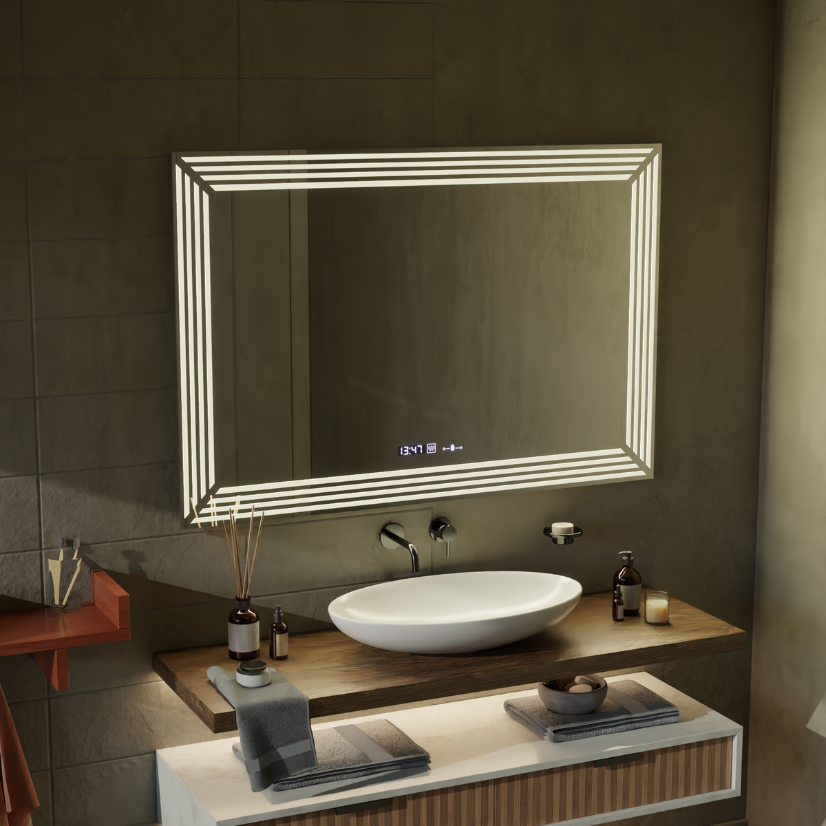 Oglinda LED Rectangulara, 120x80cm, Venezia Senzor MotionGlow Marcello, Sistem Dezaburire, Ceas & Termometru, Dimabila