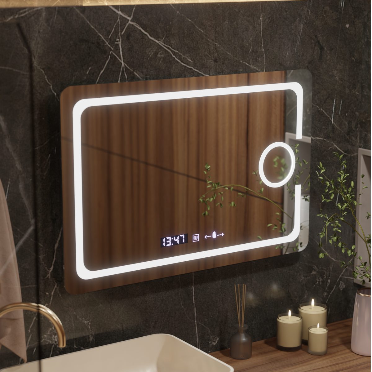 Oglinda LED Rectangulara, 110x75cm, Eclat MotionGlow Marcello, Sistem Dezaburire, Ceas & Termometru, Lupa Cosmetica, Dimabila
