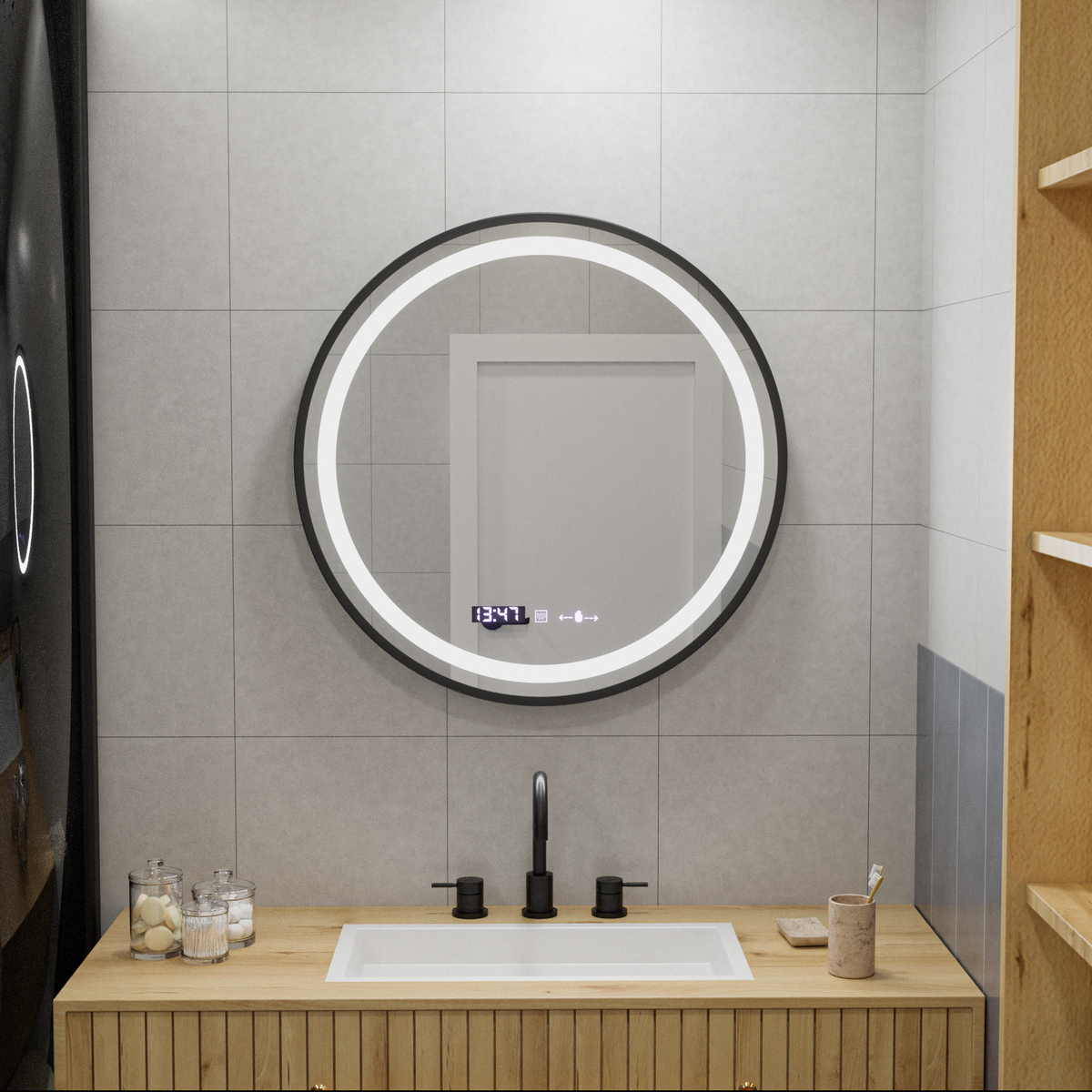 Oglinda LED Rotunda, 70cm, Celeste Majeste Noir MotionGlow Marcello, Sistem Dezaburire, Ceas & Termometru, Dimabila W11/70X70