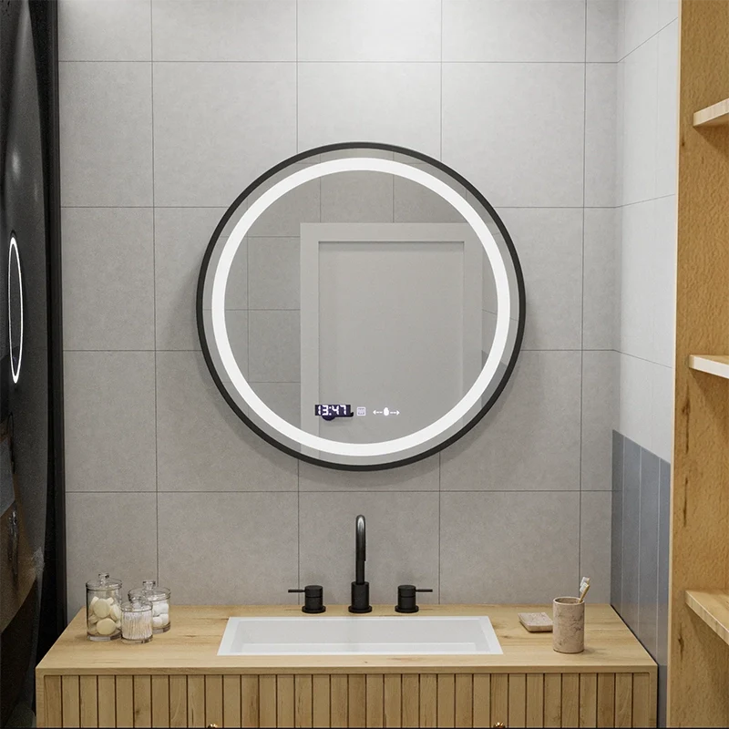Oglinda LED Rotunda, 70cm, Celeste Majeste Noir MotionGlow Marcello, Sistem Dezaburire, Ceas & Termometru, Dimabila W11