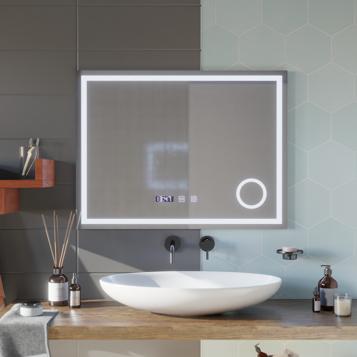 LED Touch zrkadlo NIVERA Systém odmrazovania, Hodiny a teplota 80x60 cm Kosmetická lupa, imaginea 7