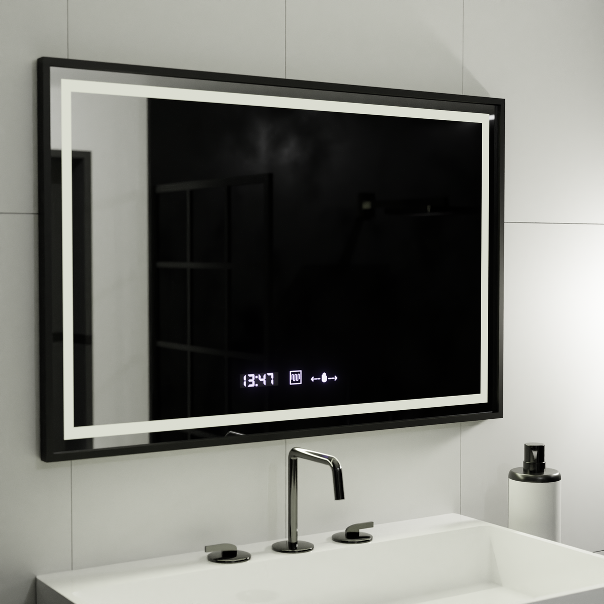 Oglinda LED Rectangulara, 120x80cm, Verite Majeste Noir Motion Glow Marcello, Sistem Dezaburire, Ceas & Termometru, Dimabila