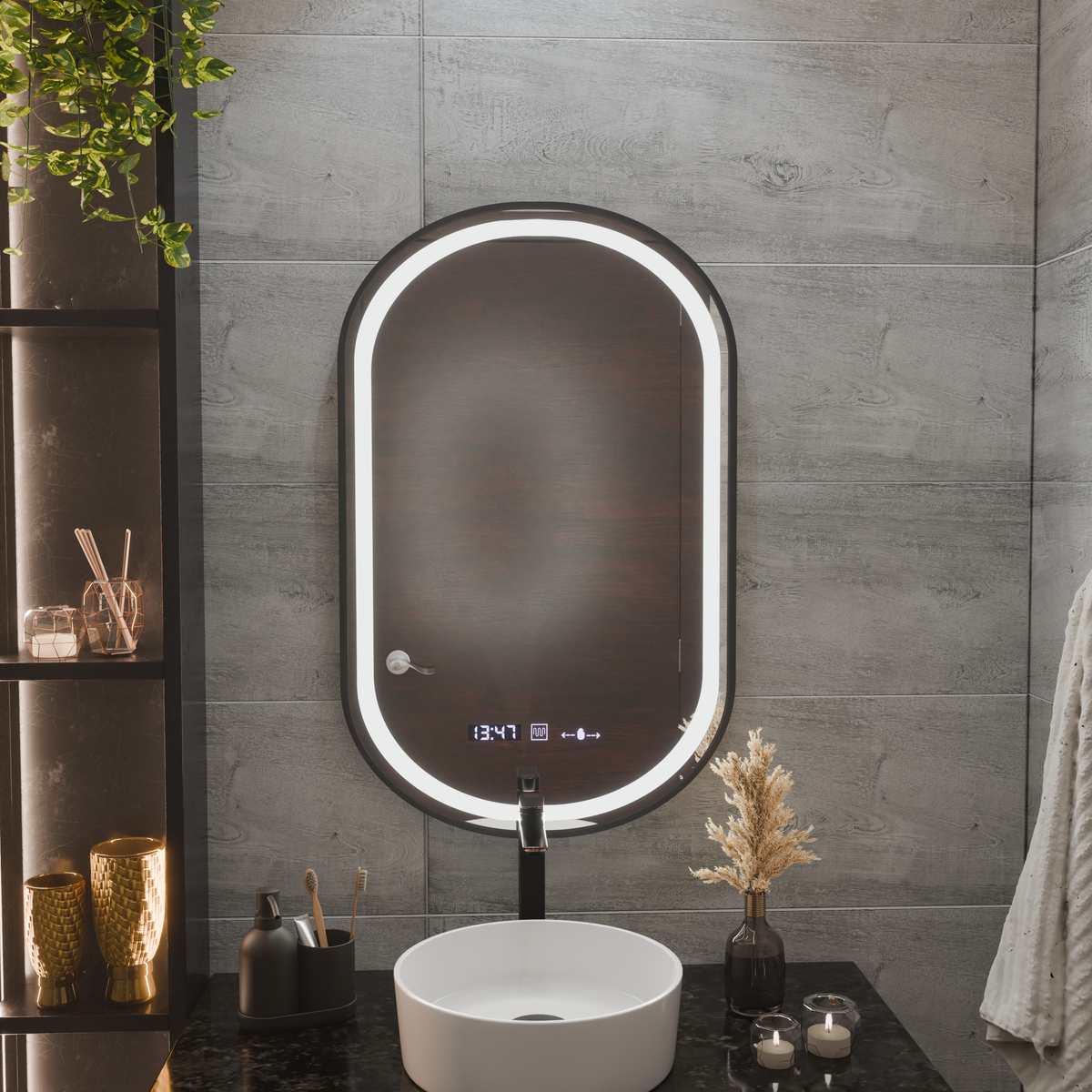 Oglinda LED Touch Helmut Sistem Dezaburire, Ceas si Temperatura 50x80 cm Rama Negru Brushed Marcello Funghi