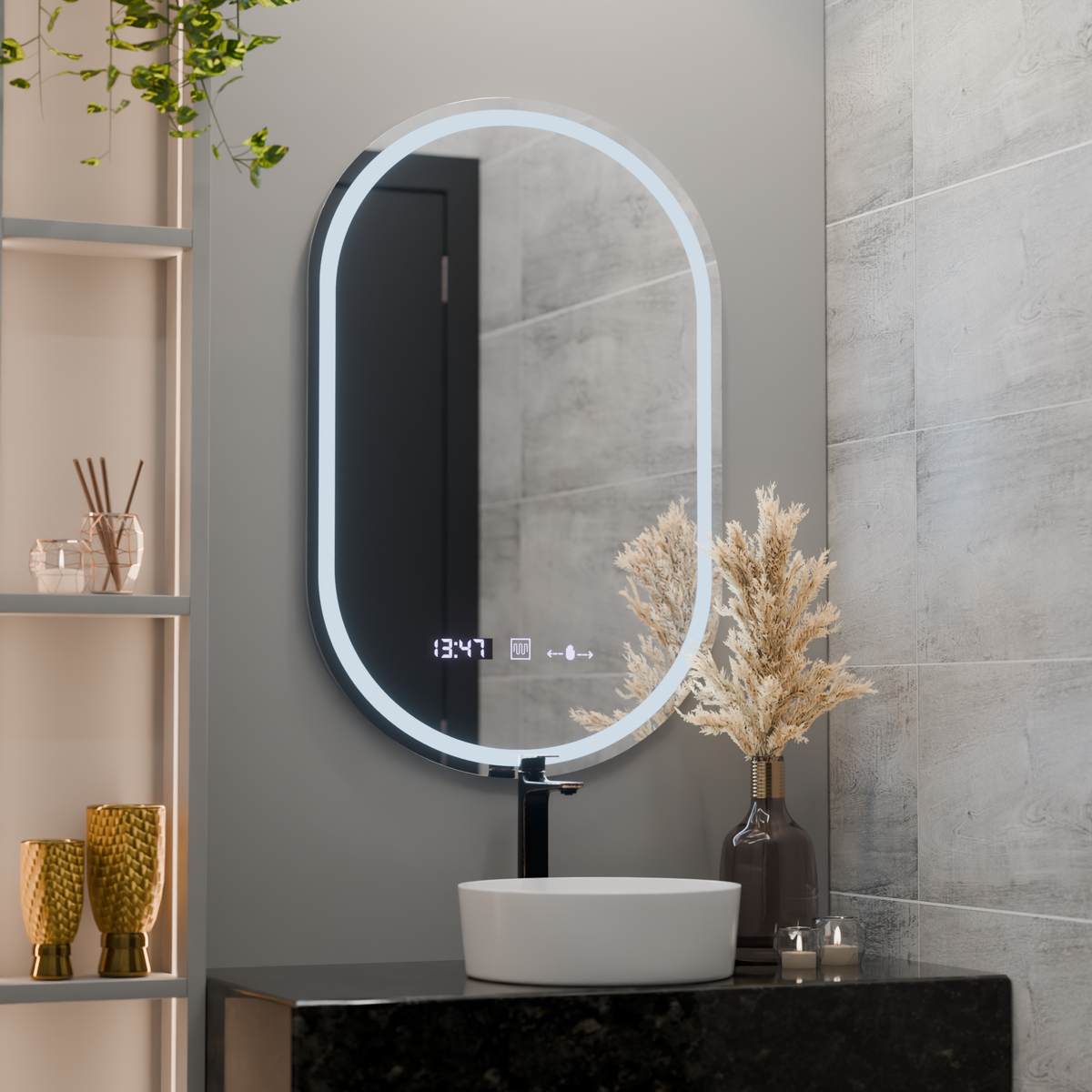 Oglinda LED Ovala, 50x80cm, Eminence MotionGlow Marcello, Sistem Dezaburire, Ceas & Termometru, Dimabila