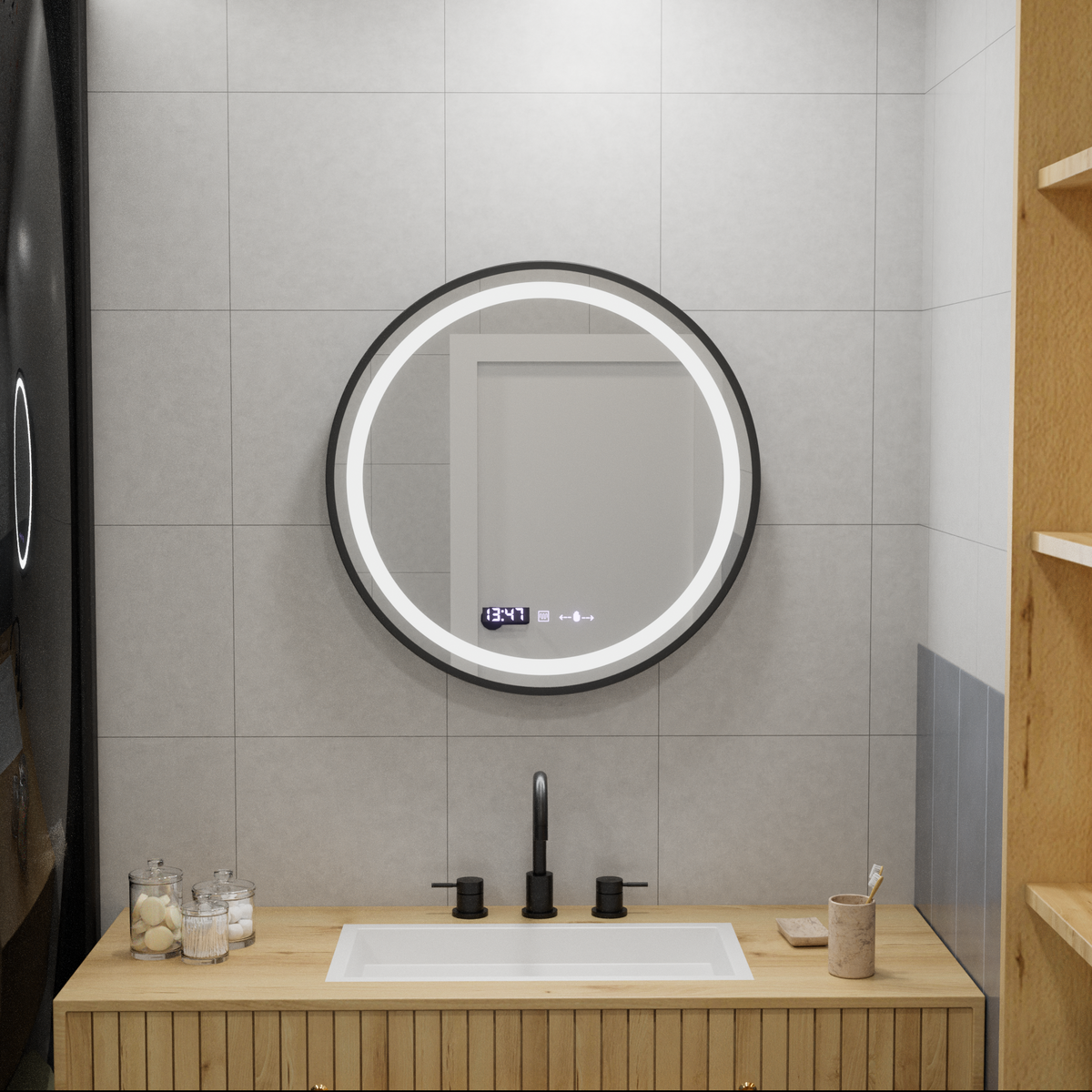 Oglinda LED Rotunda, 60cm, Celeste Majesté Noir MotionGlow Marcello, Sistem Dezaburire, Ceas & Termometru, Dimabila