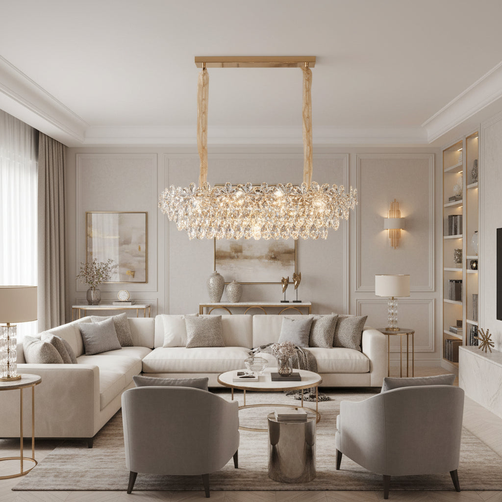 Candelabru Cristal Regalis 11x E14, 80cm, Auriu Lucios, Inaltime Reglabila, Metal si Cristal