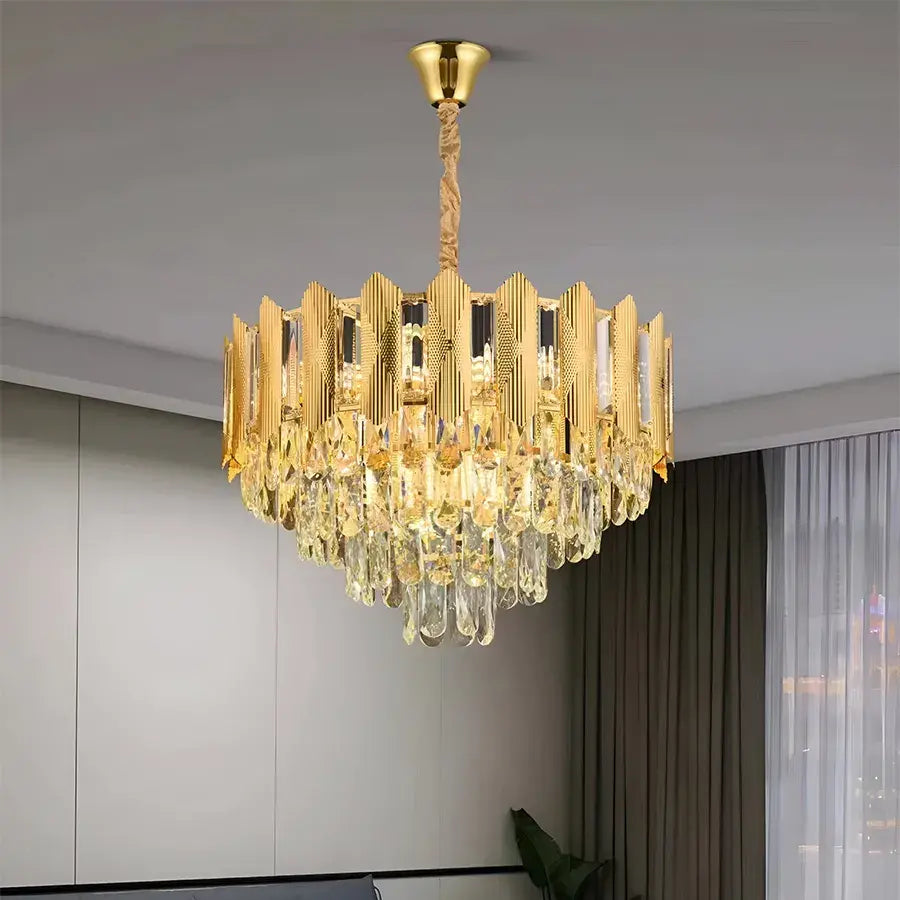 Candelabru Cristal BUCKINGHAM Nobile 5xE14, Diametru 40cm, Auriu Lucios, Inaltime Reglabila