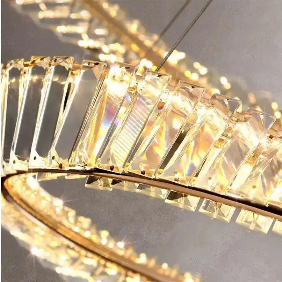 Lustra LED suspendata cu telecomanda si cristal CAIRO 36W, 1 Cerc, lumina Rece/Calda/Neutra, Dimabila, Auriu Lucios, Inaltime Reglabila