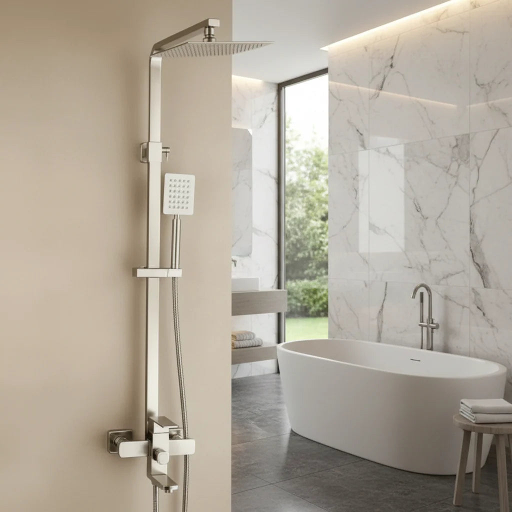 SET Coloana de dus cu baterie, Inox, para patrata, efect ploaie, 3 functii, montare pe perete, Satinat, Accesorii Incluse, LY005