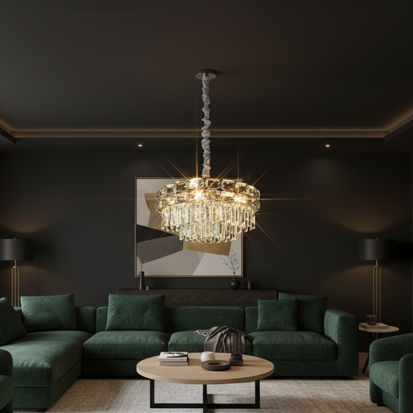 Candelabru Cristal LUCENT Regalis 22xE14, D80 cm, Auriu, Inaltime Reglabila, Metal si Cristal