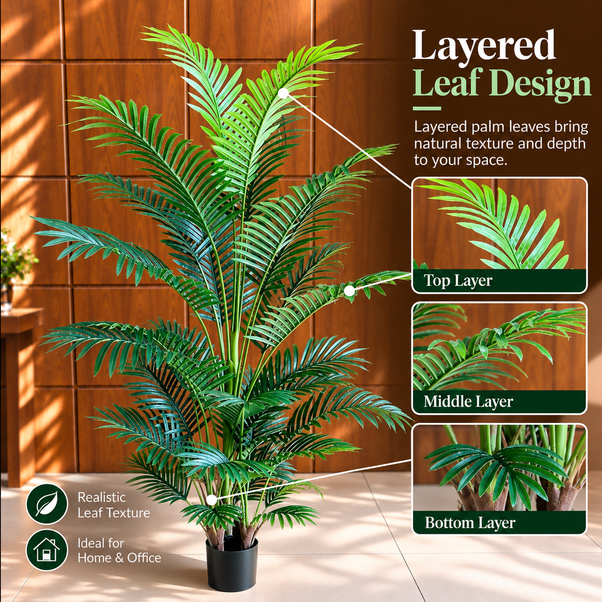 Decoratiune Palmier Kentia, 3 tulpini, Plastic, 30 frunze, 190 cm, Verde