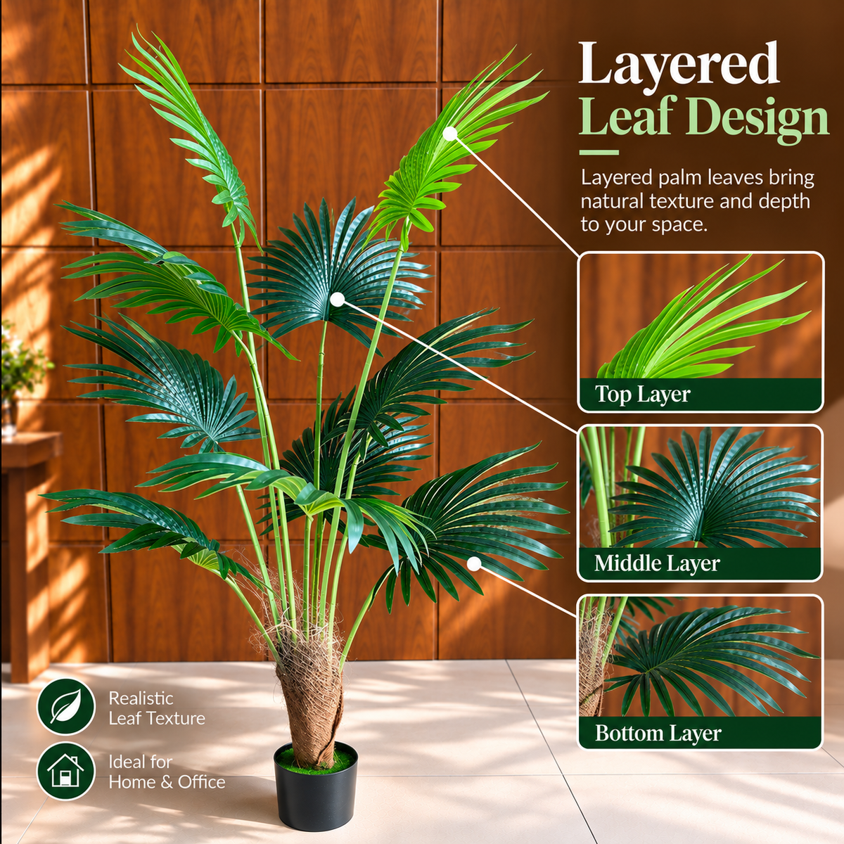 Decorațiune Palmier Livistona Evantai, 10 frunze, Plastic, 160 cm, Verde
